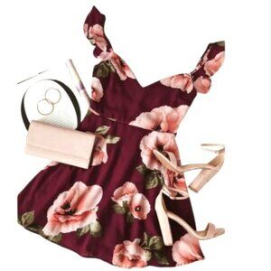Lulu's Burgundy Floral Mini Dress with Blush Blooms